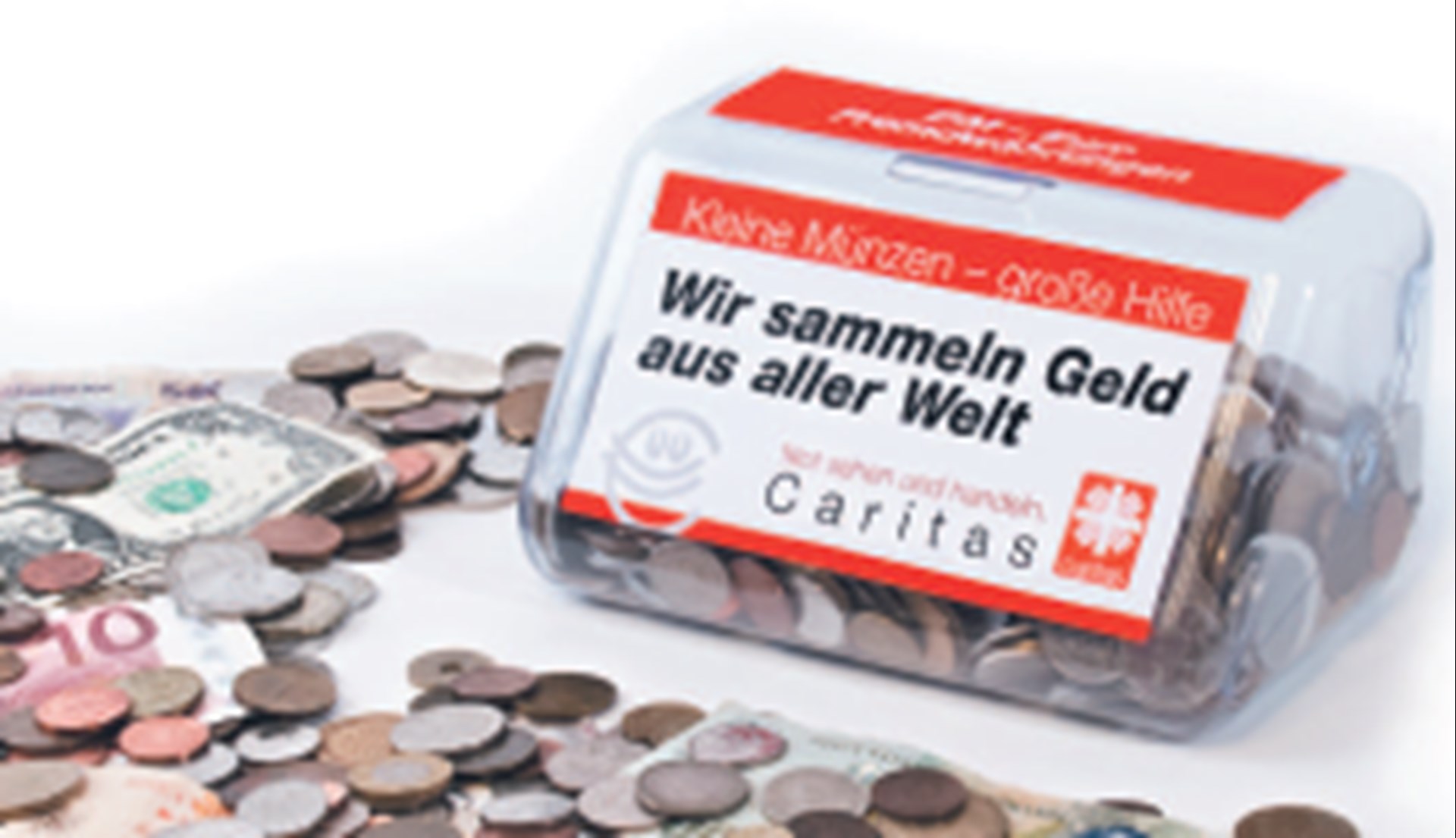 Durchsichtige Box mit Münzen und Scheinen