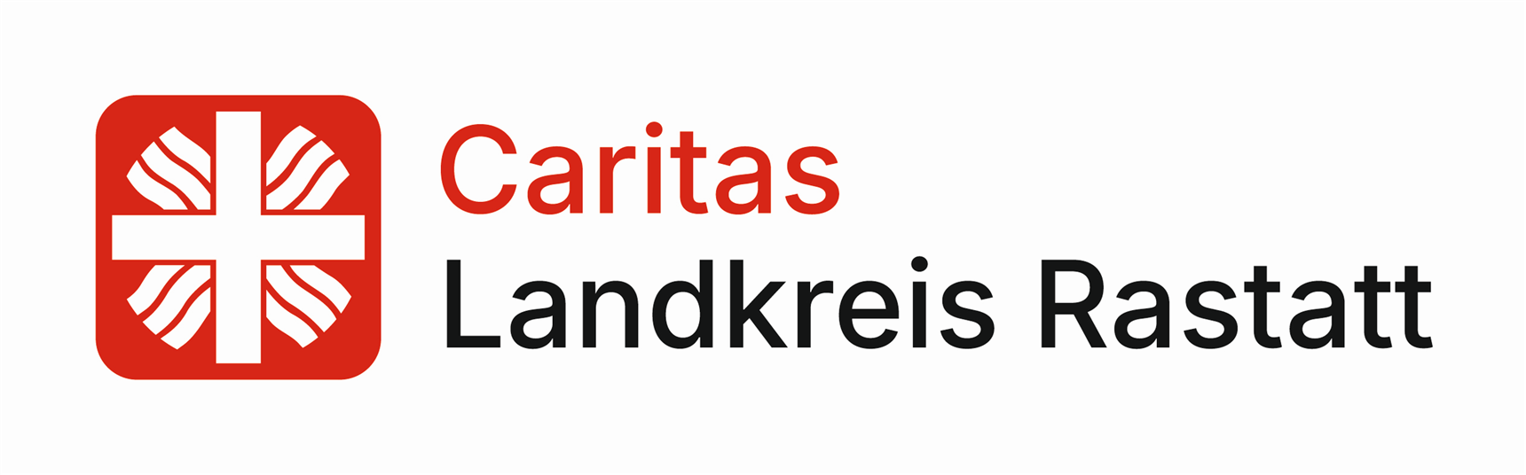 Das Bild zeigt das Logo der Caritas im Landkreis Rastatt. Links befindet sich ein rotes quadratisches Symbol mit abgerundeten Ecken. Darin steht ein weißes Kreuz, dessen vier Enden von stilisierten, weißen Strahlenmotiven umgeben sind – das typische Erkennungszeichen der Caritas.
Rechts daneben steht der Schriftzug „Caritas Landkreis Rastatt“, wobei „Caritas“ in Rot und „Landkreis Rastatt“ in Schwarz geschrieben ist. Die Gestaltung wirkt klar, modern und gut lesbar.